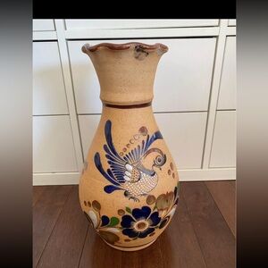 Mexican Tonala Stoneware Pottery Vase with Bird Southwestern Design 14” tall